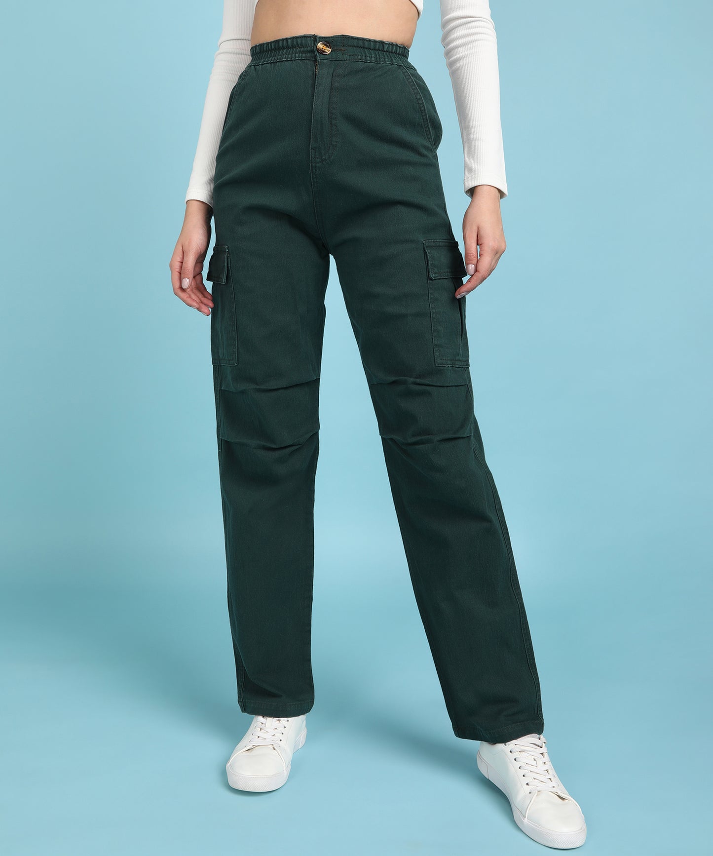 Women’s Bottle Green High-Waist Cargo Pants