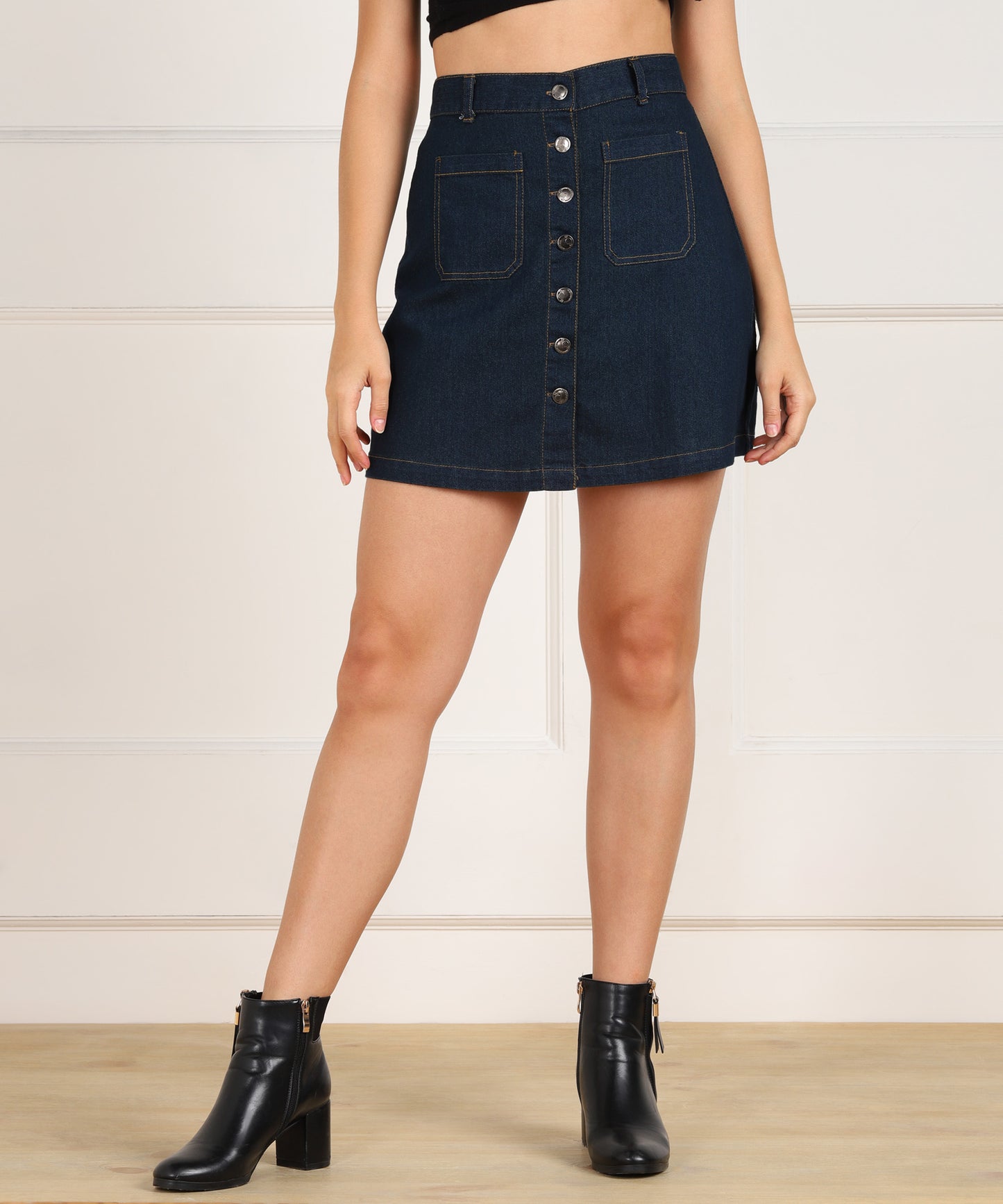 Bold Elegance: The Blue-Black Denim Mini Skirt
