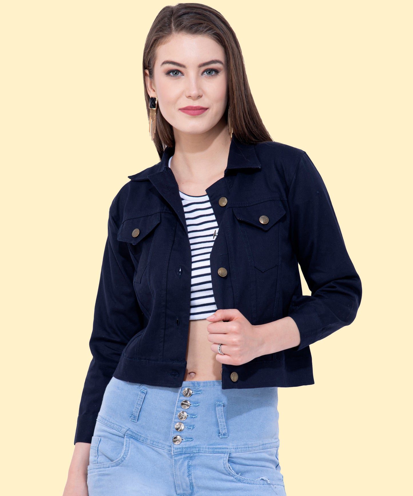 Effortless Chic: Women’s Cropped Navy-Blue Buttoned Jacket