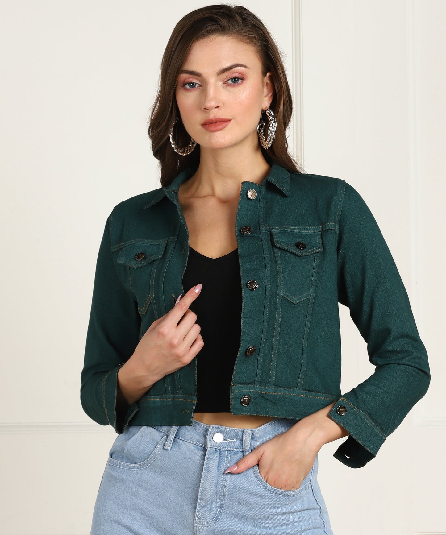 "Women's Green Cropped Denim Jacket – Fresh, Bold & Timeless"