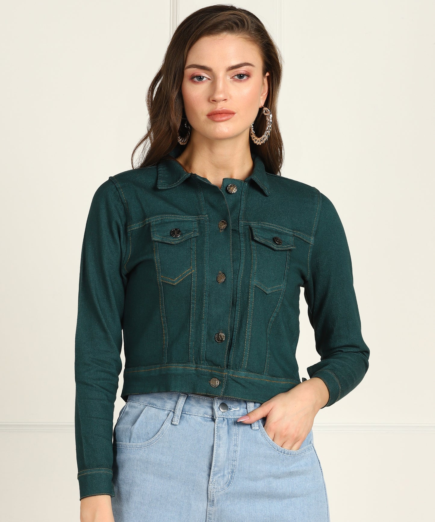 "Women's Green Cropped Denim Jacket – Fresh, Bold & Timeless"