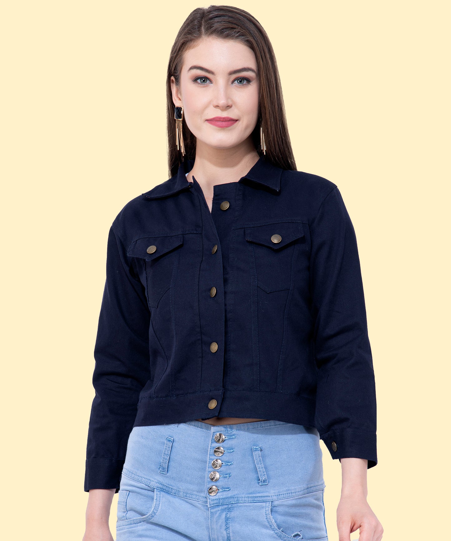 Effortless Chic: Women’s Cropped Navy-Blue Buttoned Jacket