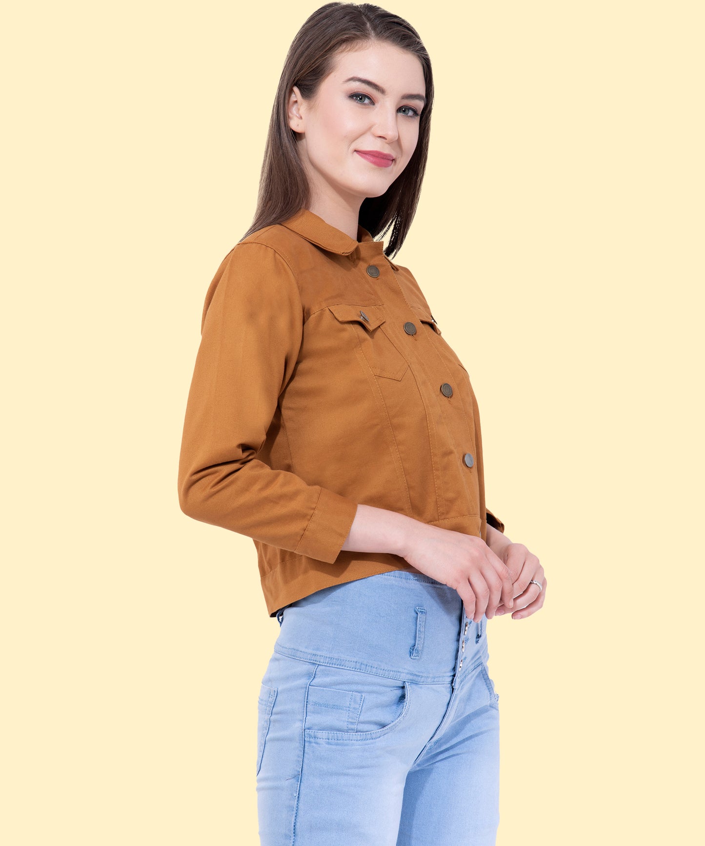 Women’s Tan Yellow Cropped Buttoned Jacket – Stylish Layering Essential