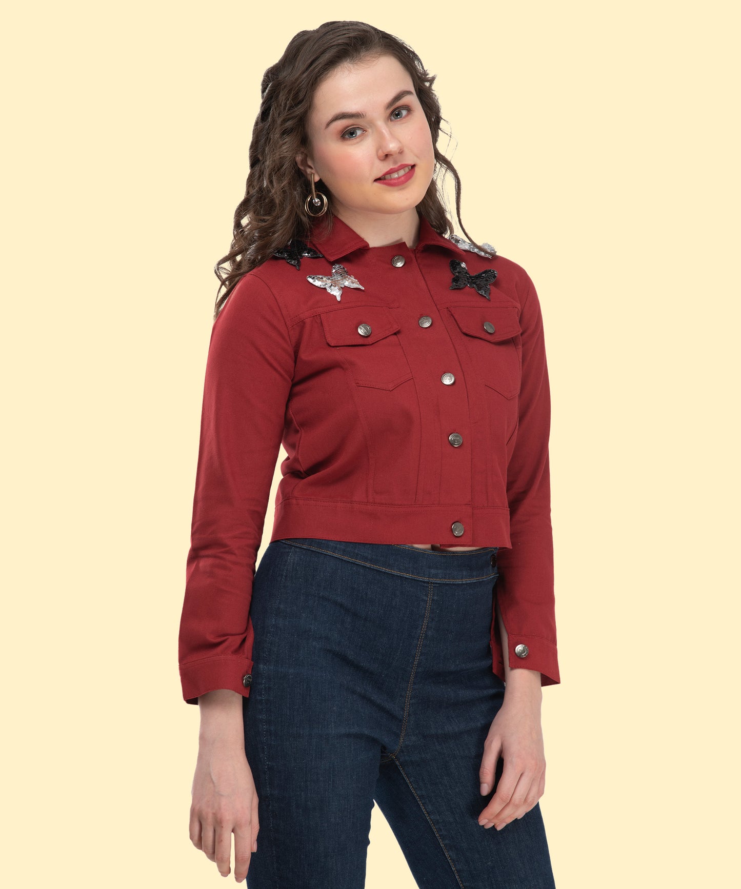 Maroon Butterfly Charm Cropped Jacket – Where Elegance Meets Modern