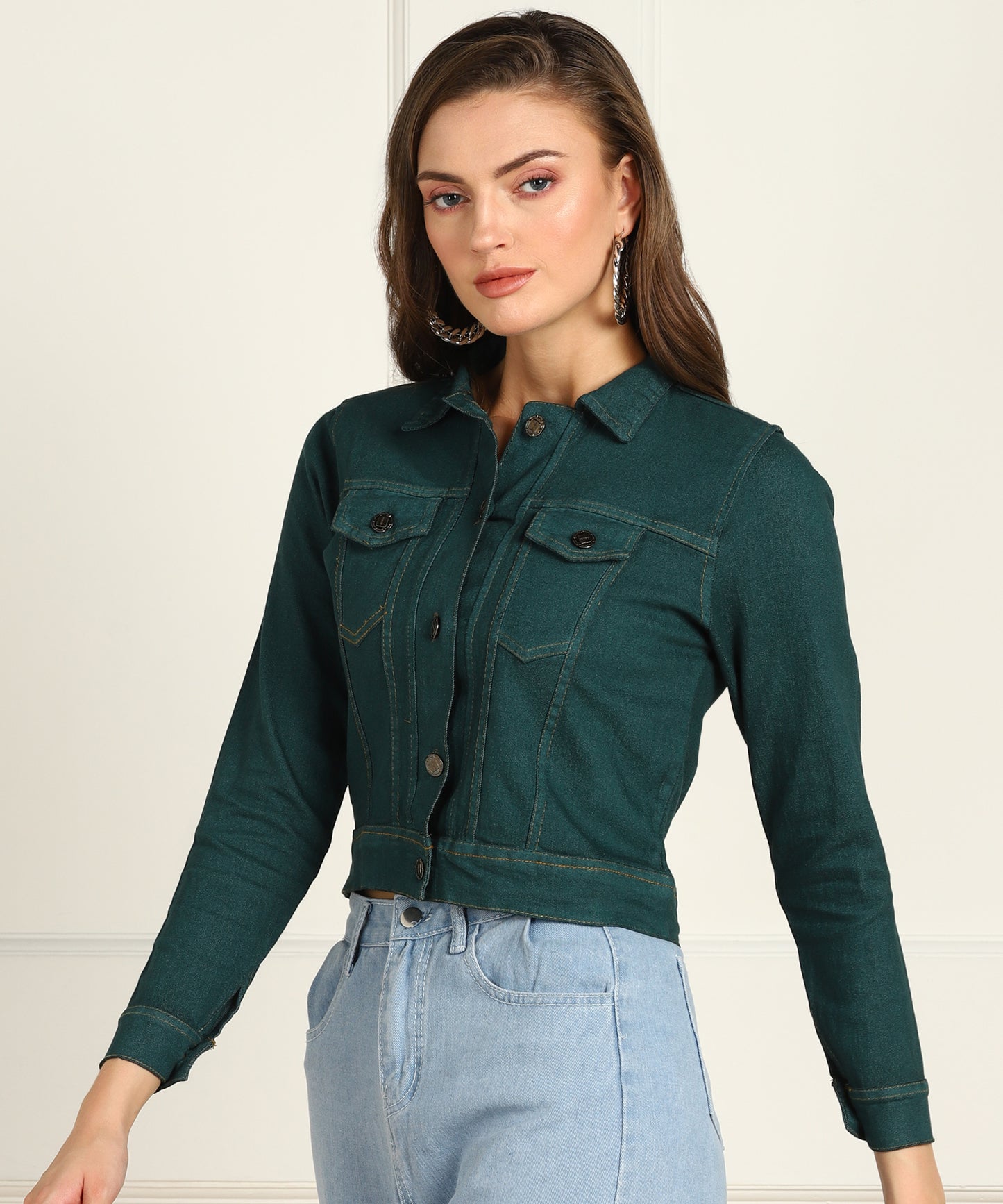 "Women's Green Cropped Denim Jacket – Fresh, Bold & Timeless"