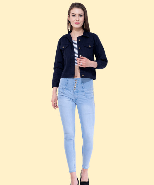 Effortless Chic: Women’s Cropped Navy-Blue Buttoned Jacket