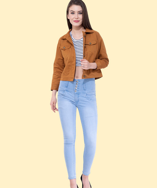 Women’s Tan Yellow Cropped Buttoned Jacket – Stylish Layering Essential