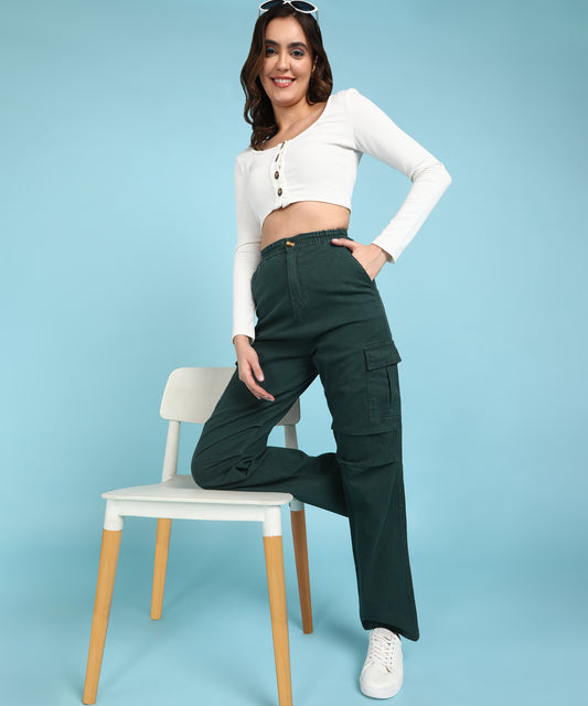 Women’s Bottle Green High-Waist Cargo Pants