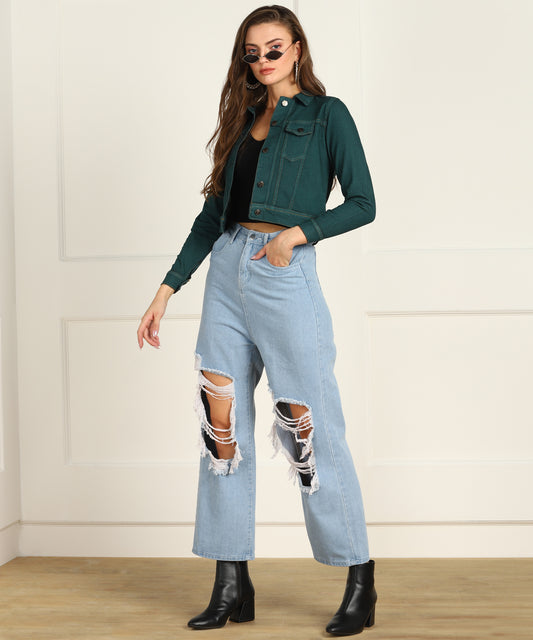 "Women's Green Cropped Denim Jacket – Fresh, Bold & Timeless"