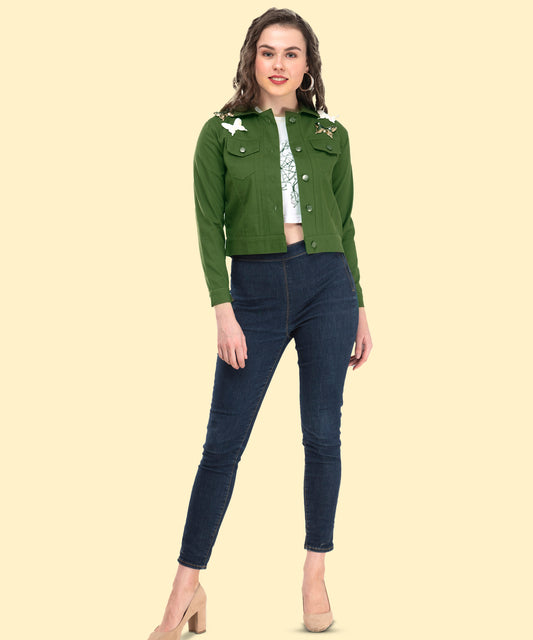 Women's Green Cropped Jacket with Butterfly Accents – Nature Meets Style