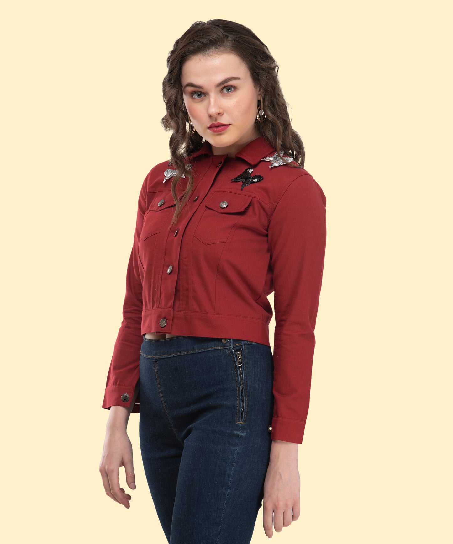 Maroon Butterfly Charm Cropped Jacket – Where Elegance Meets Modern