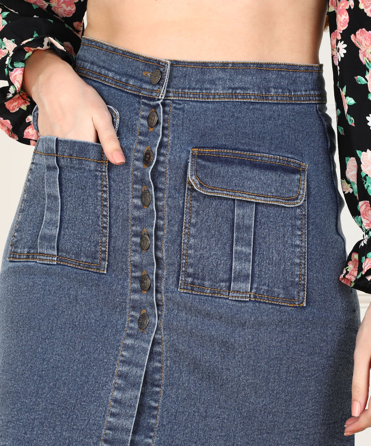 Cloud Blue Charm: The Pocket-Front Denim Skirt