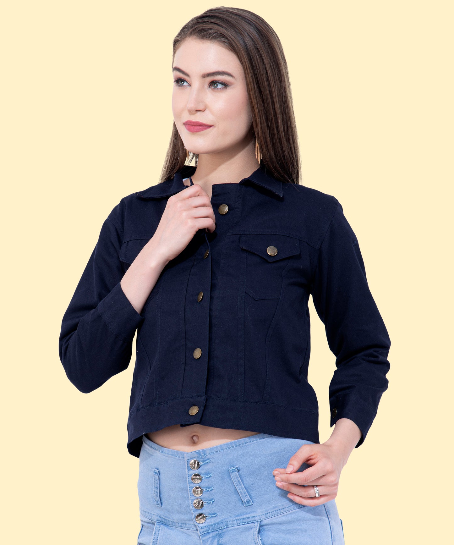 Effortless Chic: Women’s Cropped Navy-Blue Buttoned Jacket