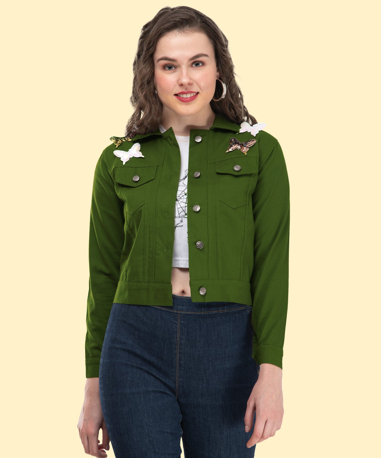 Women's Green Cropped Jacket with Butterfly Accents – Nature Meets Style