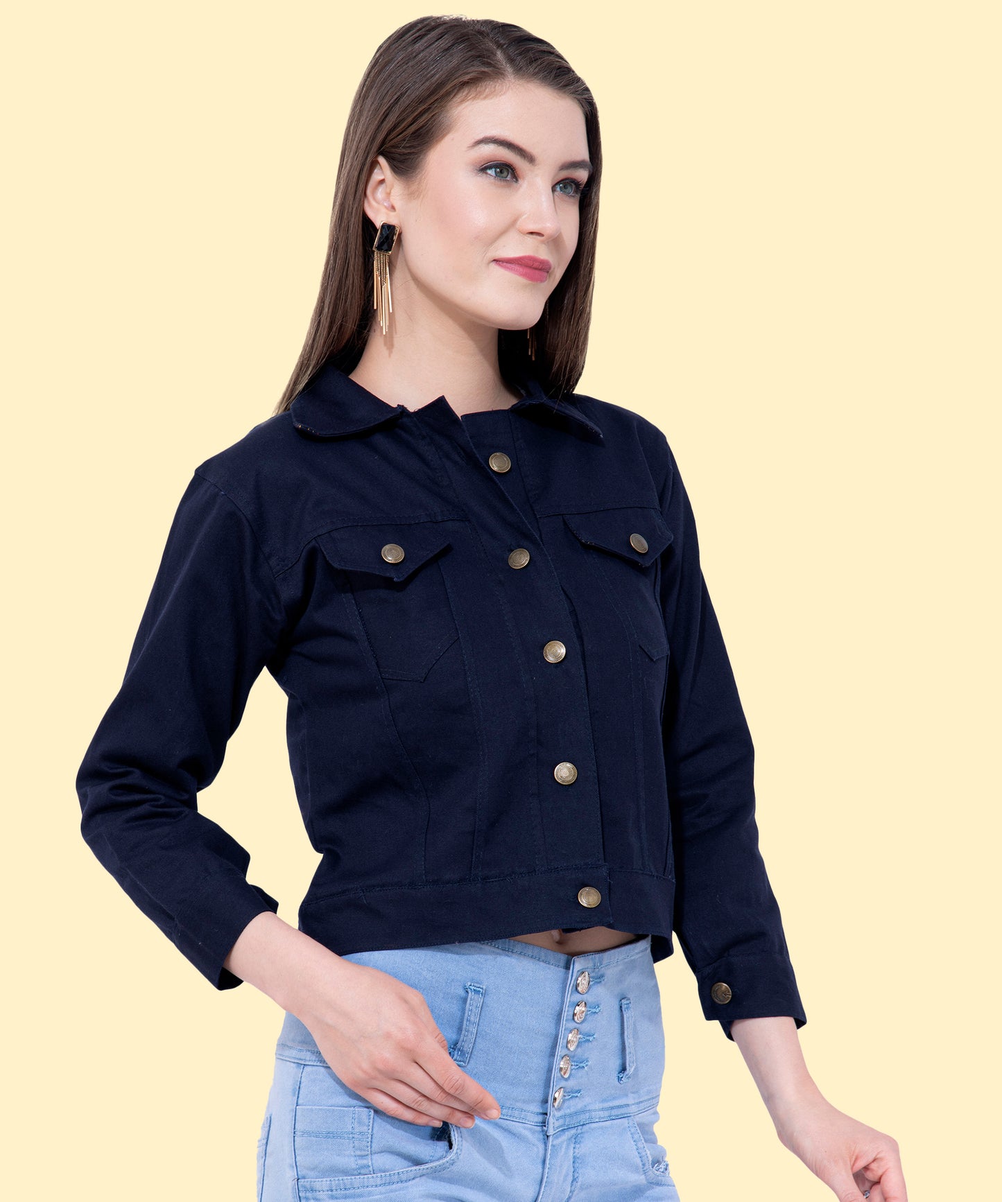 Effortless Chic: Women’s Cropped Navy-Blue Buttoned Jacket