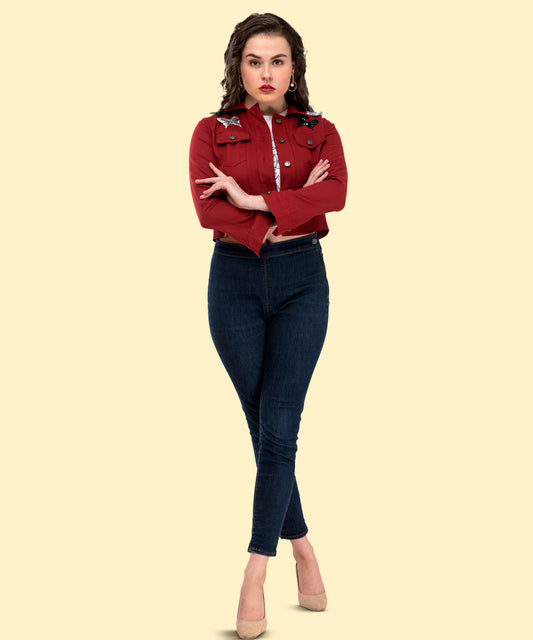 Maroon Butterfly Charm Cropped Jacket – Where Elegance Meets Modern