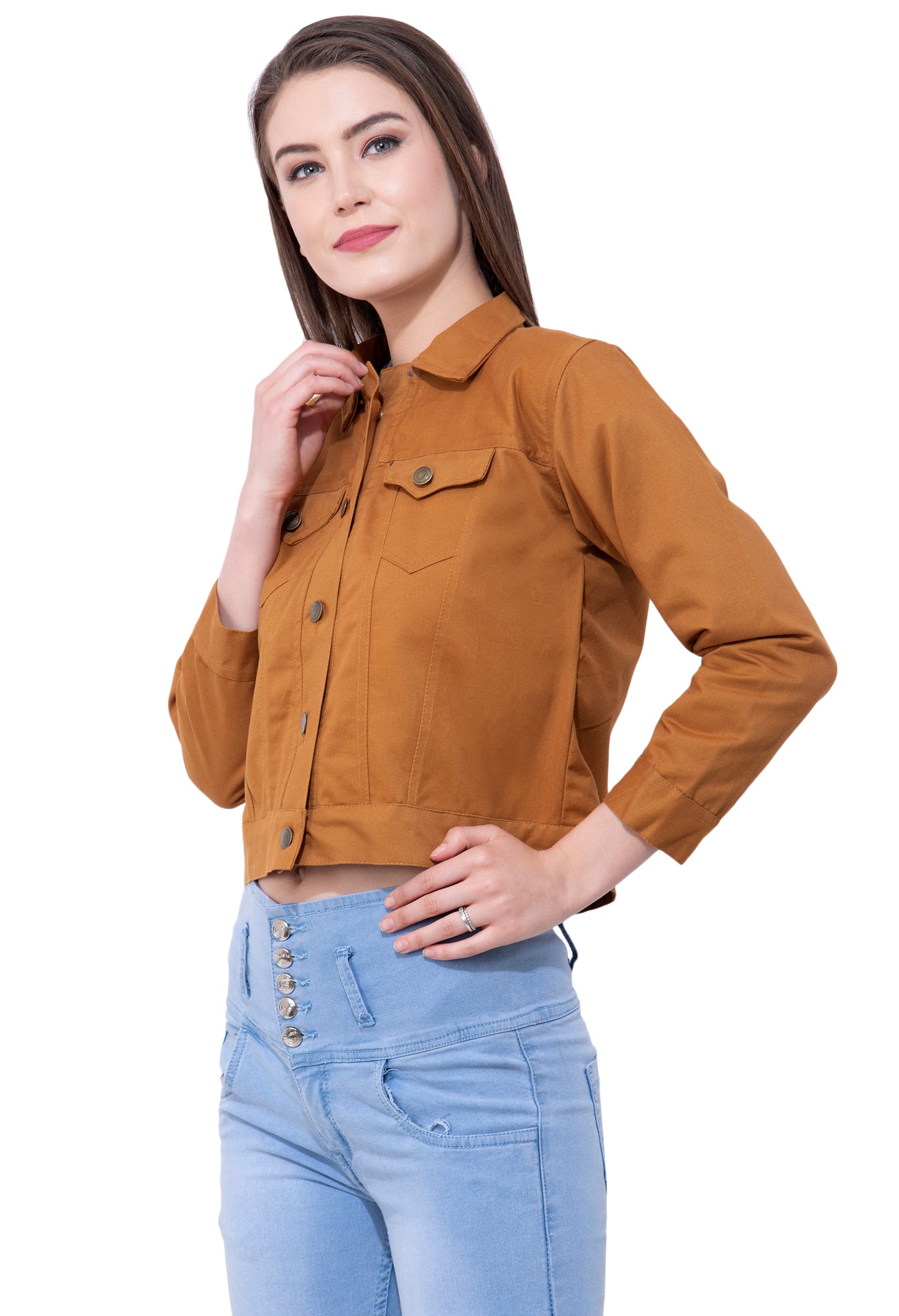 Women’s Tan Yellow Cropped Buttoned Jacket – Stylish Layering Essential