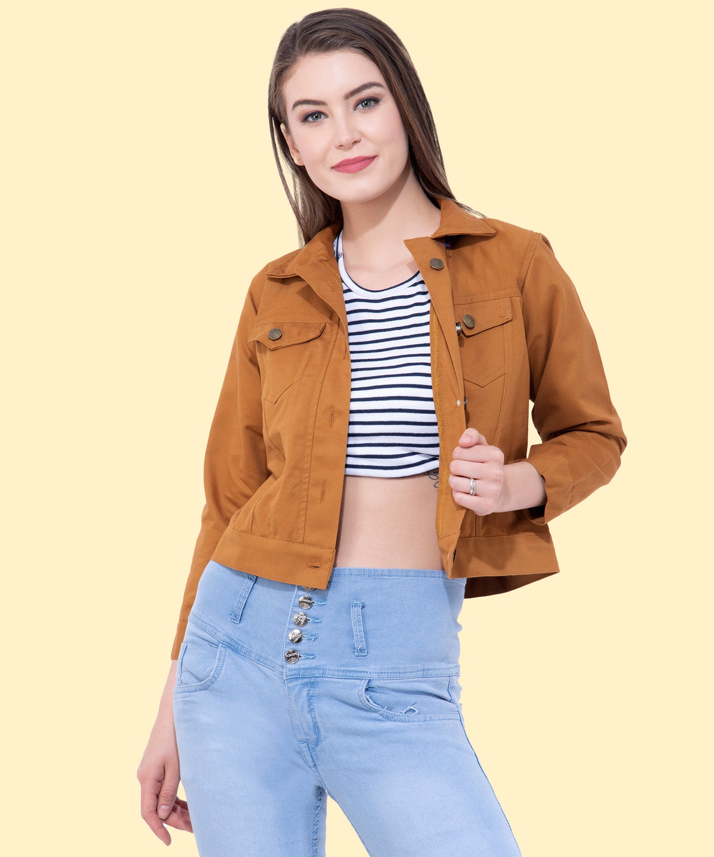 Women’s Tan Yellow Cropped Buttoned Jacket – Stylish Layering Essential