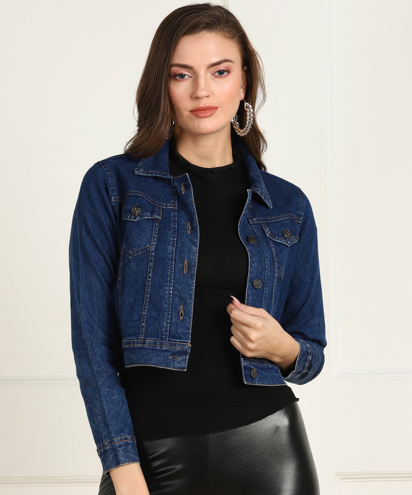 Women's Dark Blue Cropped Denim Jacket – Classic Cool with Modern Edge