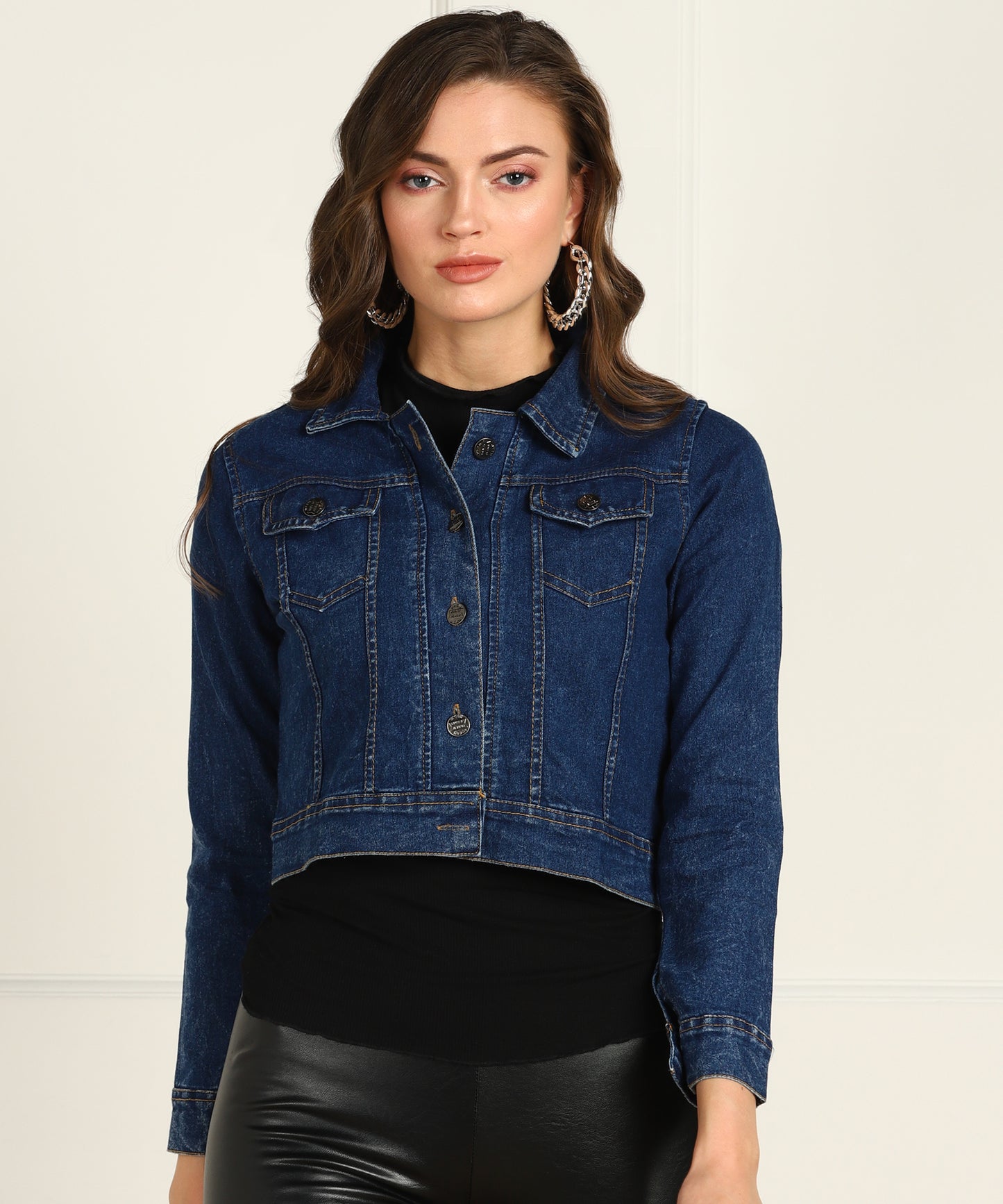Women's Dark Blue Cropped Denim Jacket – Classic Cool with Modern Edge