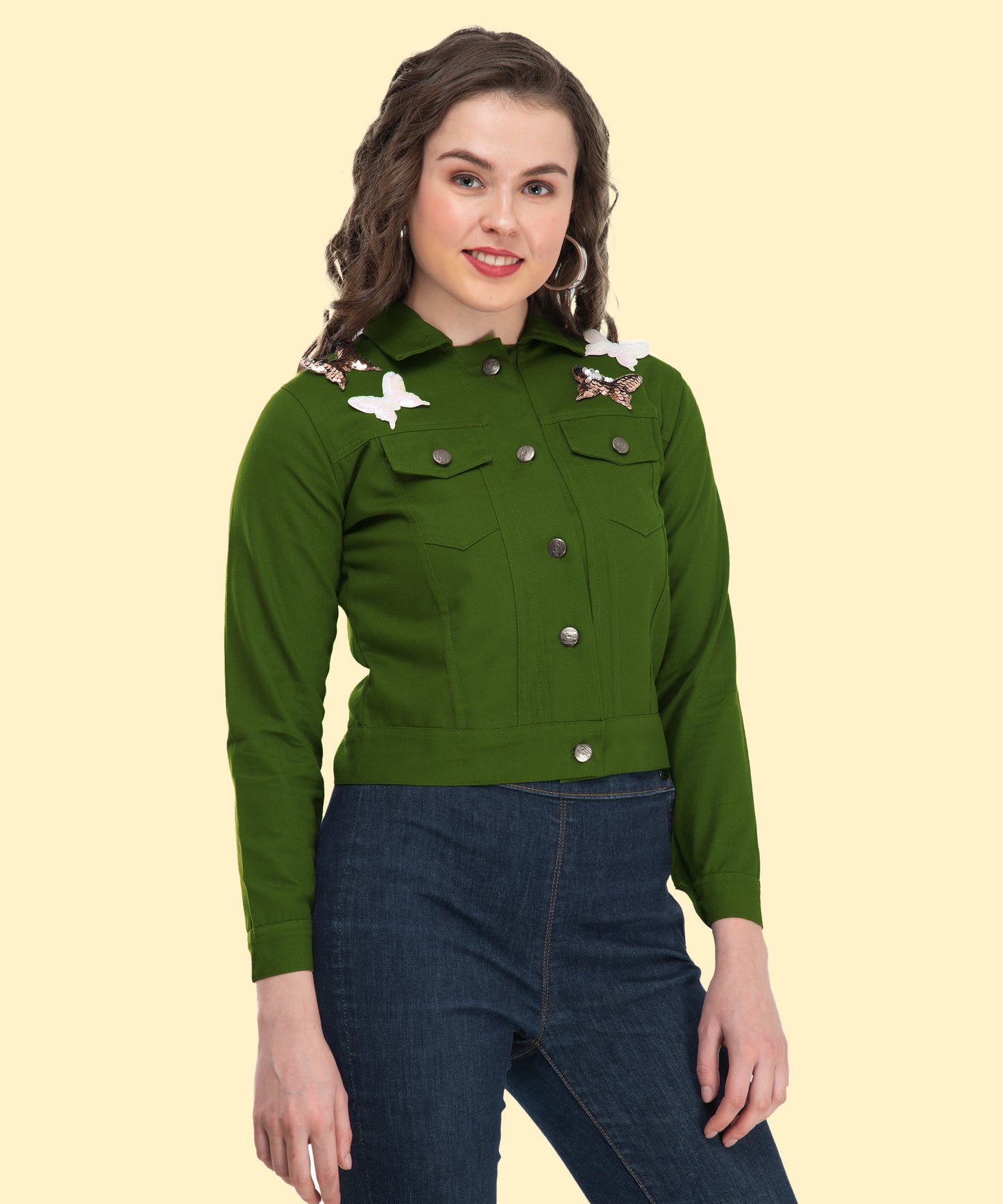 Women's Green Cropped Jacket with Butterfly Accents – Nature Meets Style