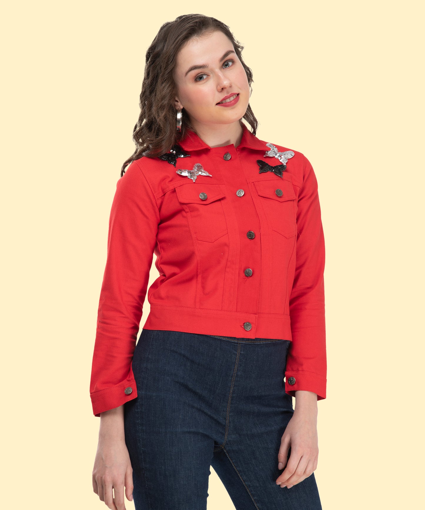 Fiery Elegance: The Butterfly-Adorned Red Jacket [w]