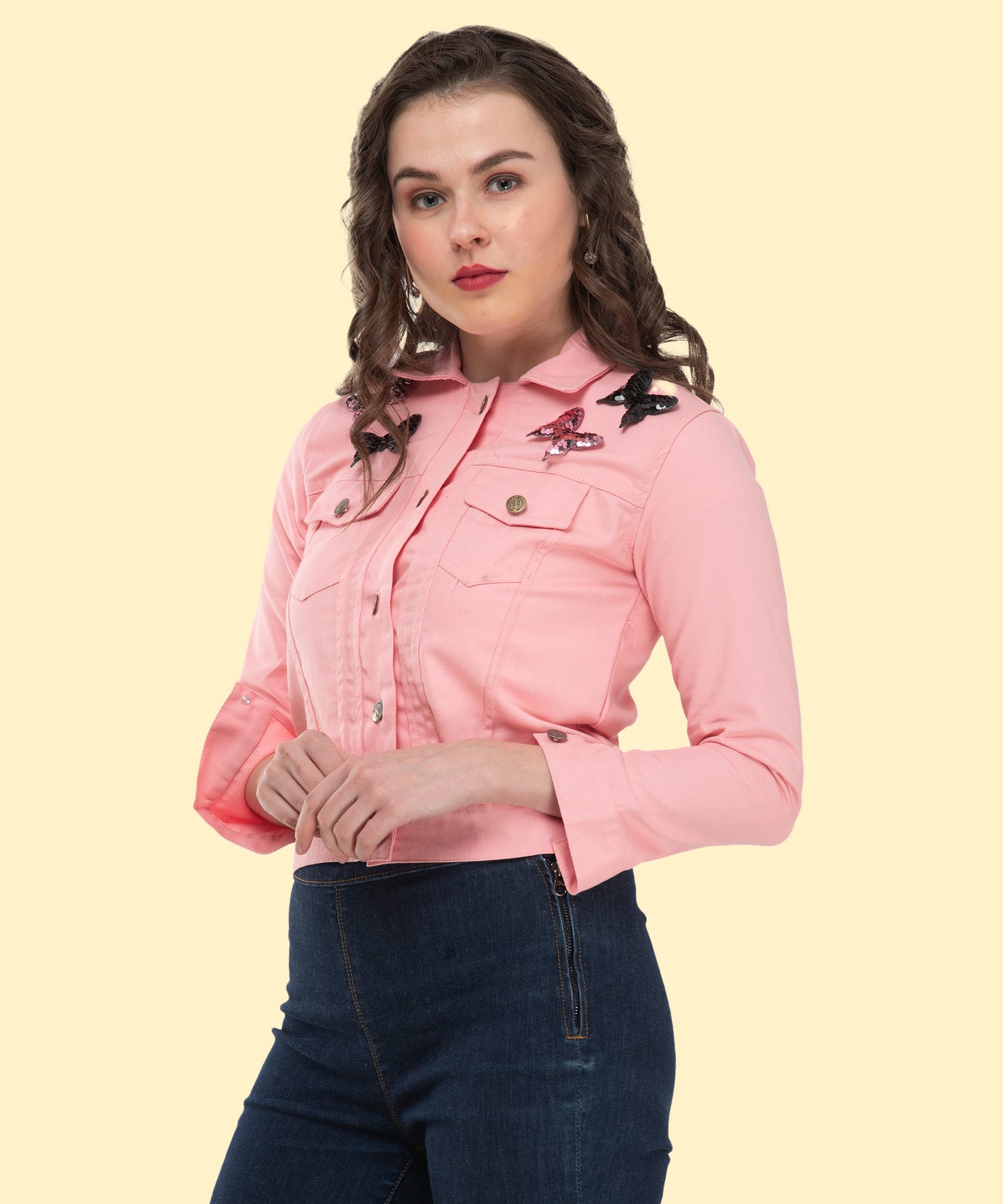 Stylish Light Pink Casual Denim-Style Jacket