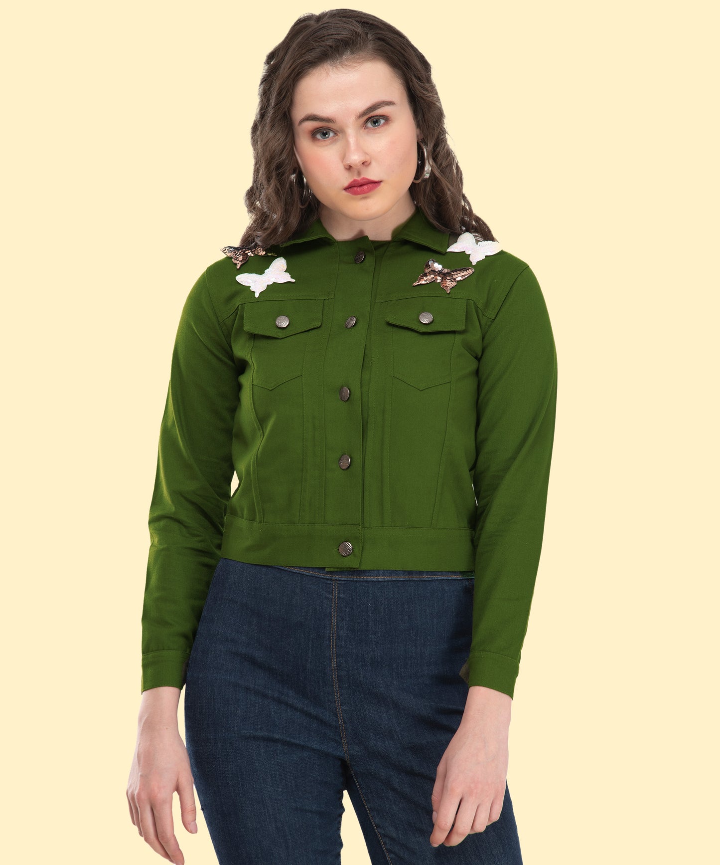 Women's Green Cropped Jacket with Butterfly Accents – Nature Meets Style