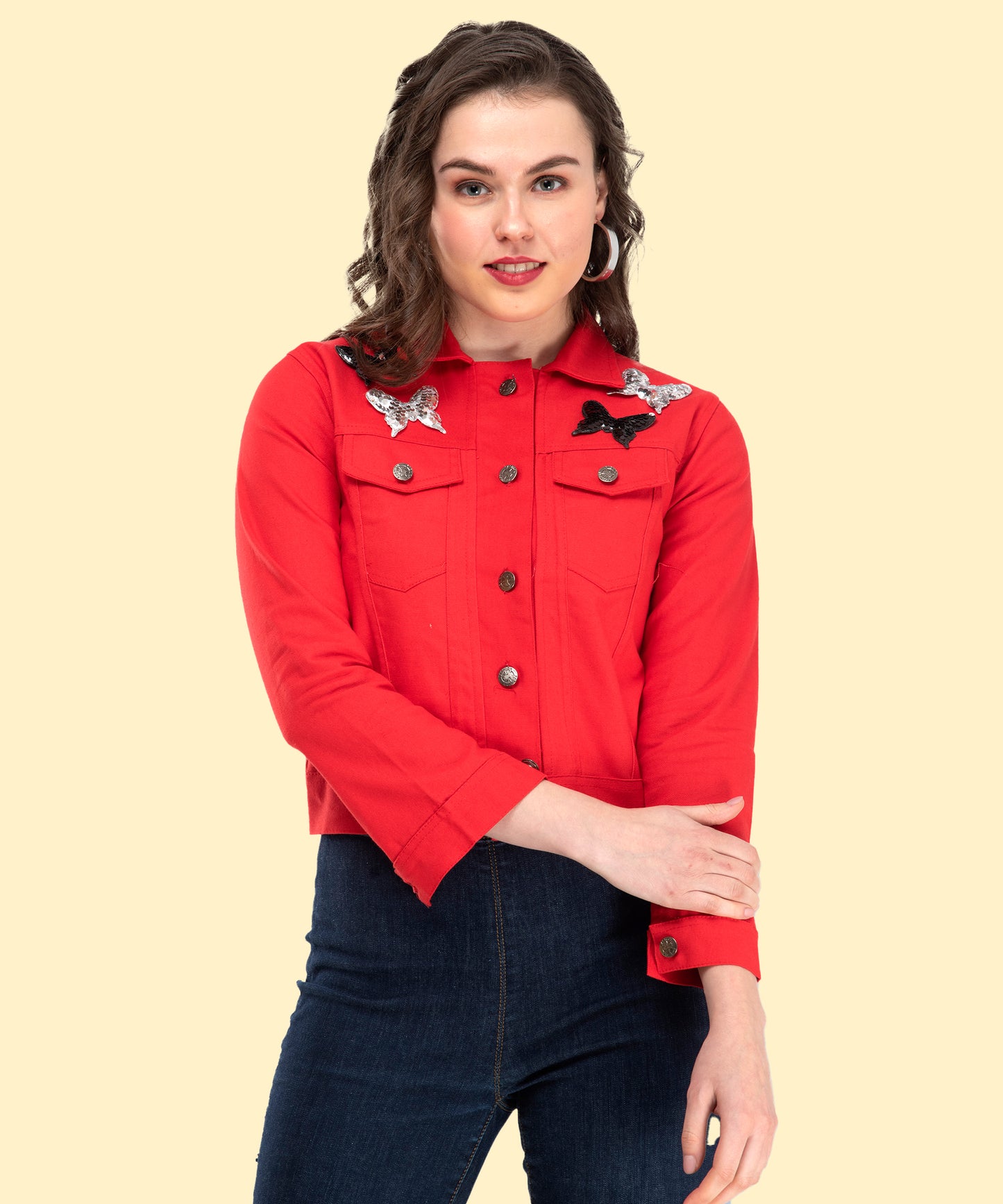 Fiery Elegance: The Butterfly-Adorned Red Jacket [w]