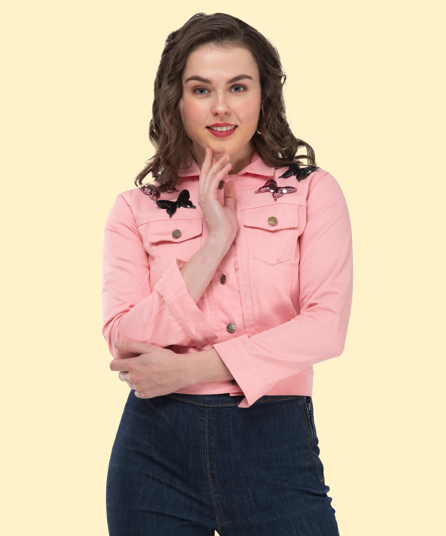 Stylish Light Pink Casual Denim-Style Jacket