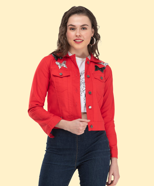 Fiery Elegance: The Butterfly-Adorned Red Jacket [w]