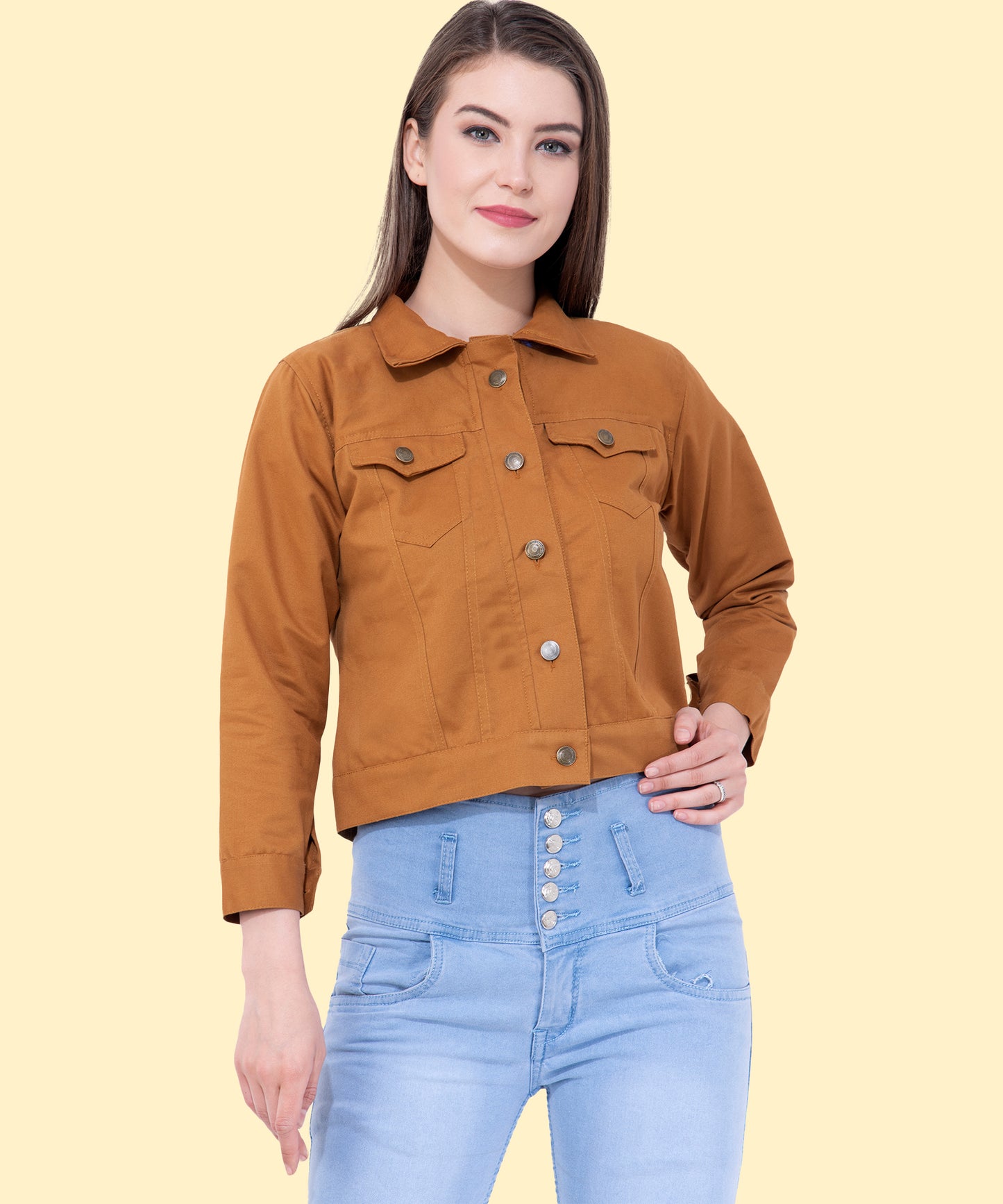 Women’s Tan Yellow Cropped Buttoned Jacket – Stylish Layering Essential